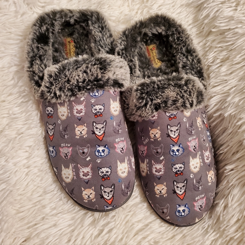 Bobs Cozy Cat Print Slippers with Faux Fur 8